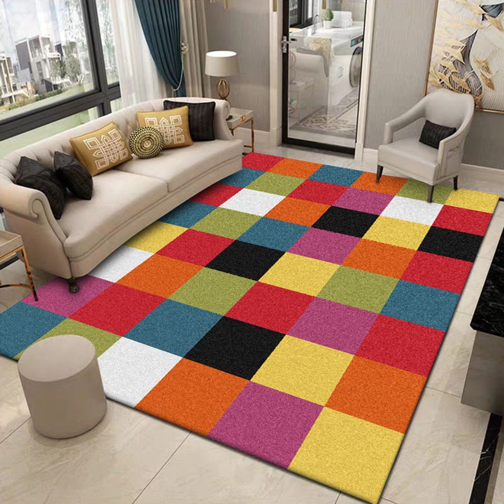Kurzflor Wohnzimmer Teppich Bunt Karo Design Schlafzimmer Teppiche Kurzflorteppiche , Maße: 160x230 cm