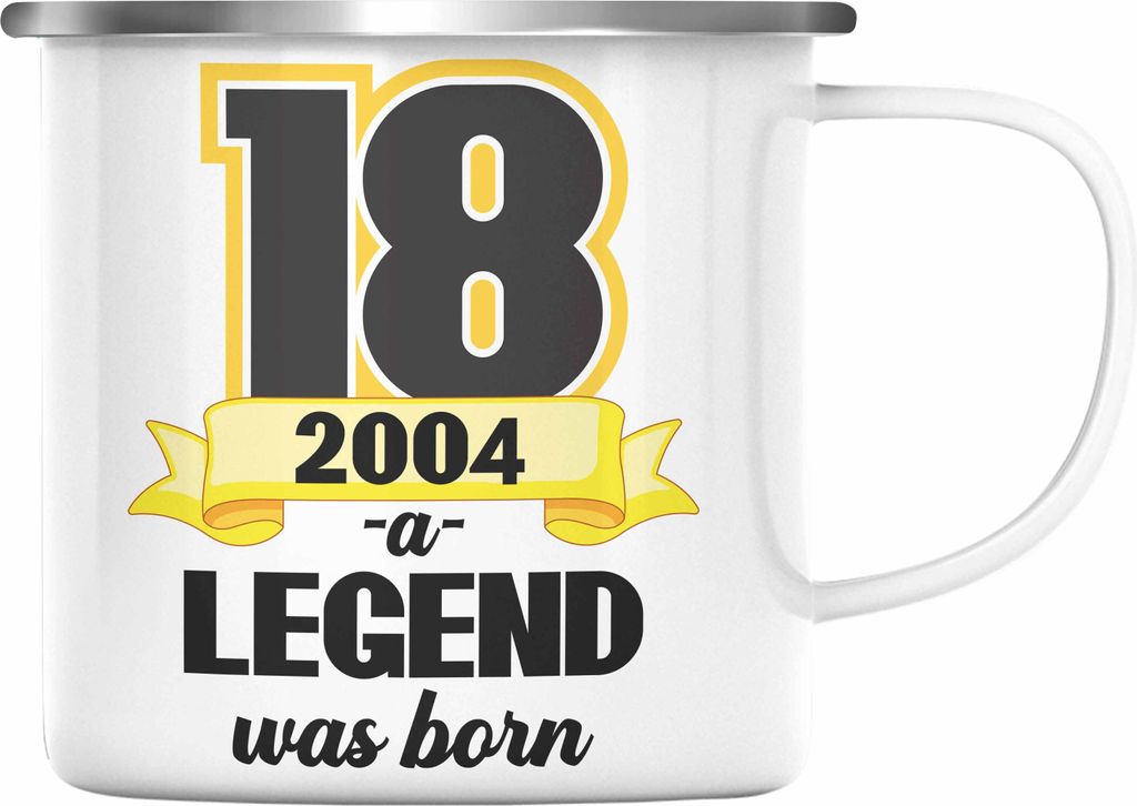 Trendation - 18. Geburtstag Emaille Tasse Geschenk Mädchen Jungen Geschenkidee Lustig Spruch 18 Geschenke Geschenkideen zum 18 Bday 18er (Silber)