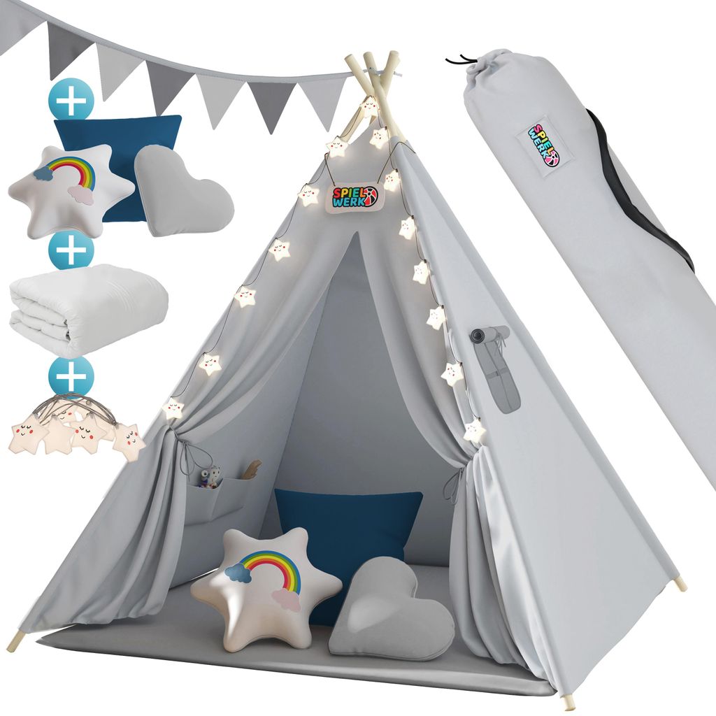 Spielwerk Tipi Enfant Gris avec Coussins & Guirlande Image du produit 