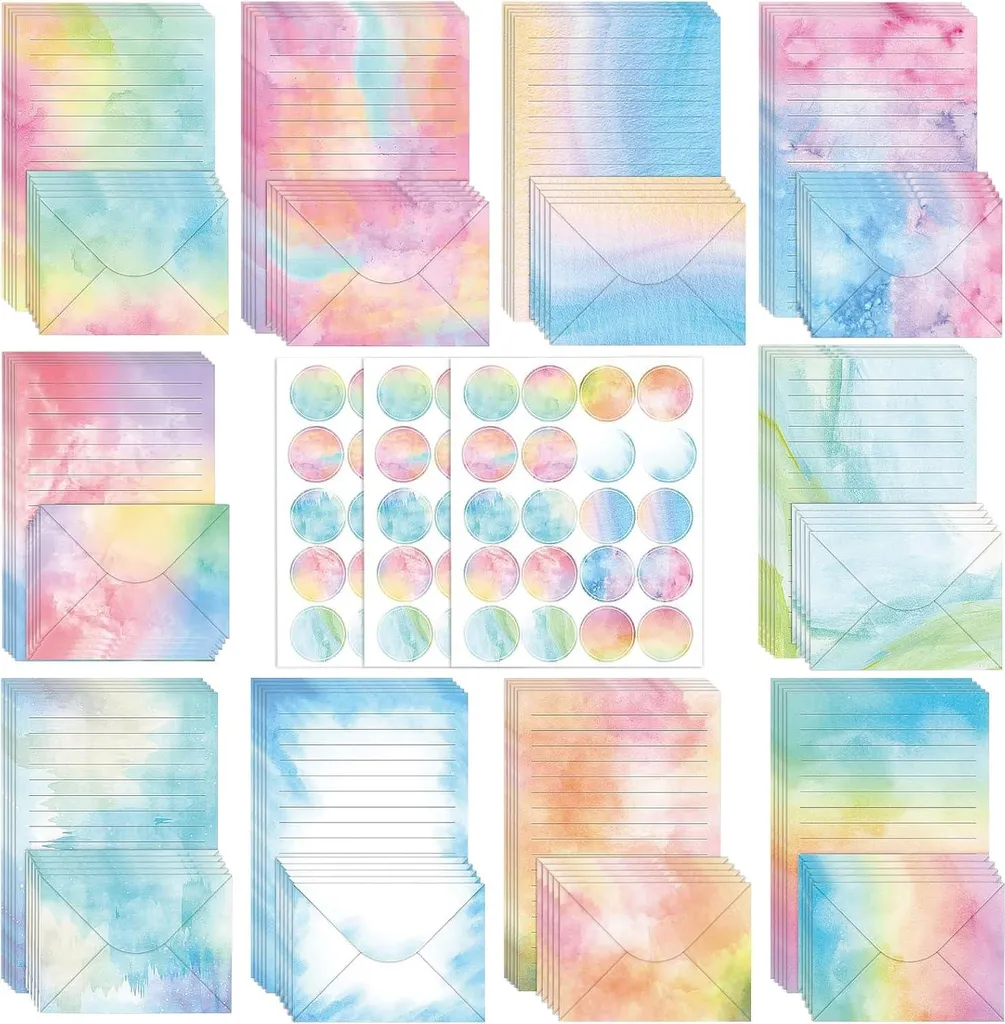 Set de 160 pièces papier à lettres aquarelle et enveloppes multicolores