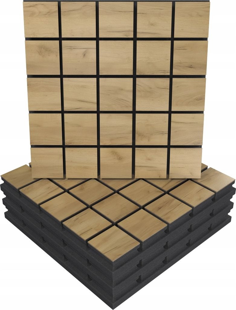 4 Stück AKUSTIK-WANDPANEELE mit Montageset | "GRID" 50x50x5cm | Absorption und Diffusion | Farbe: Eiche