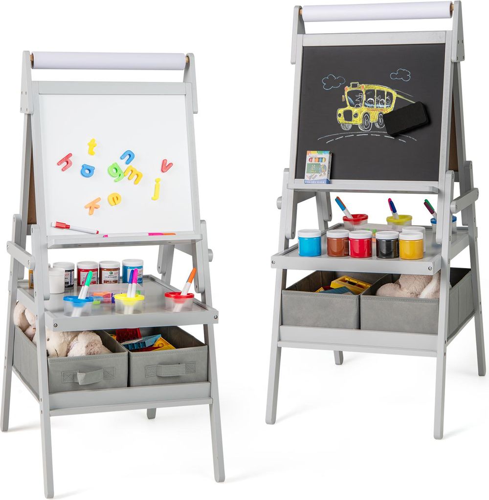 GOPLUS 3 in 1 Kinderstaffelei, multifunktionale Doppelstaffelei mit Whiteboard, Kreidetafel & Papierrolle, stehende Kindertafel mit Regal, Grau