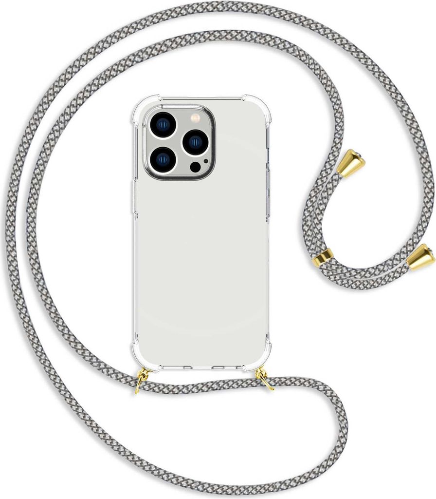 Handykette Backcover-Schutzhülle mit Band (Metall goldfarben) für Apple iPhone 14 Pro (6.1'') - weiß/grau kariert