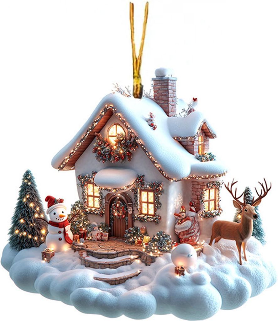 Rustikale Blockhütte als Hängeornament im Schneedorf-Stil, 2D-Acryl-Häuschen mit Schneelandschaft für winterliche Weihnachtsbaumdekoration