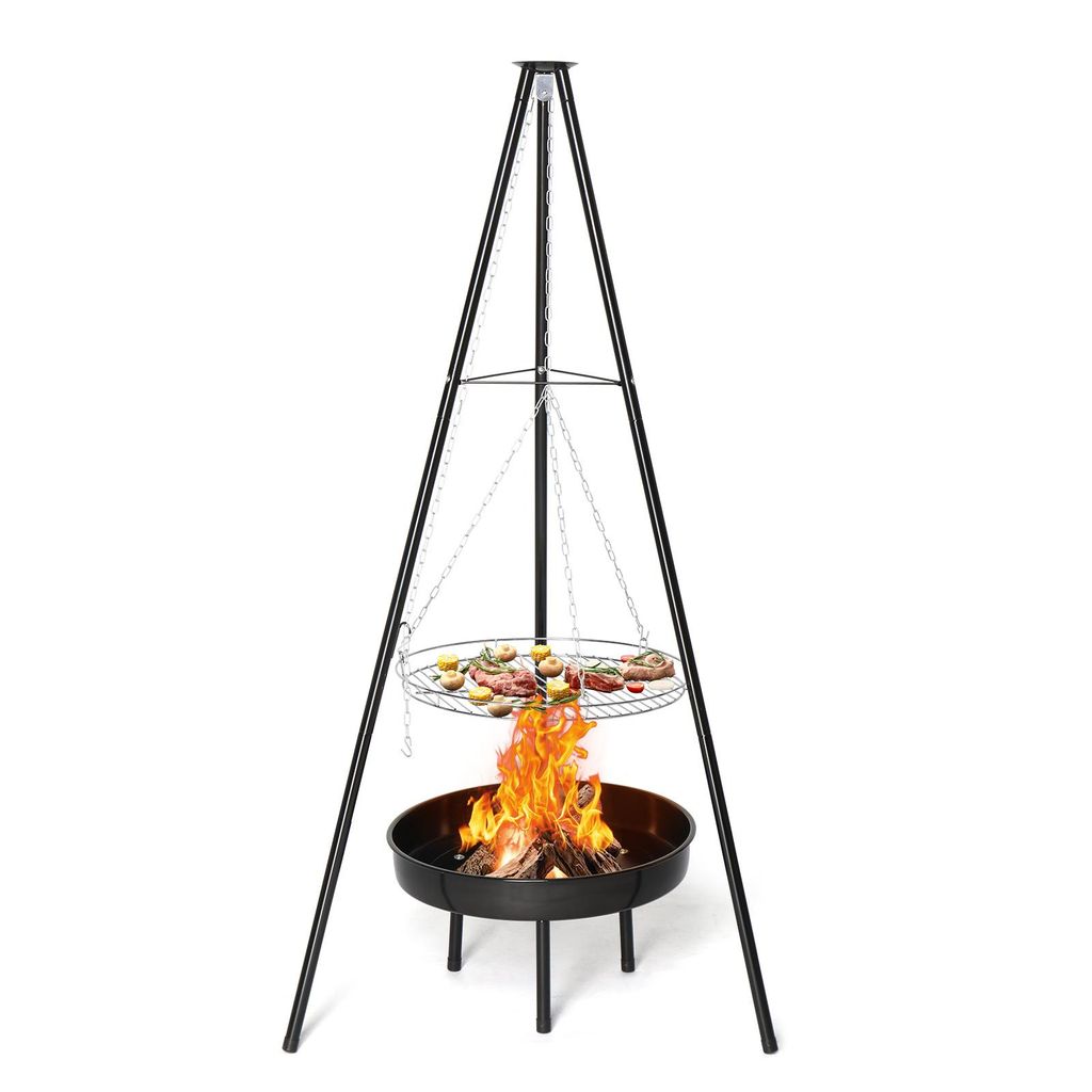FCH Dreibein Grill Schwarz 68 x 68 x 155CM ,BBQ Schwenkgrill aus Edelstahl mit Feuerschale - Dreibein Schwenker Holzkohlegrill für Camping und Garten