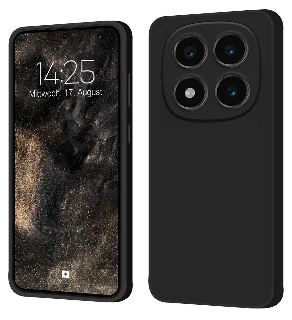 A black smartphone case is shown from the front and back, with the front displaying a lock screen.