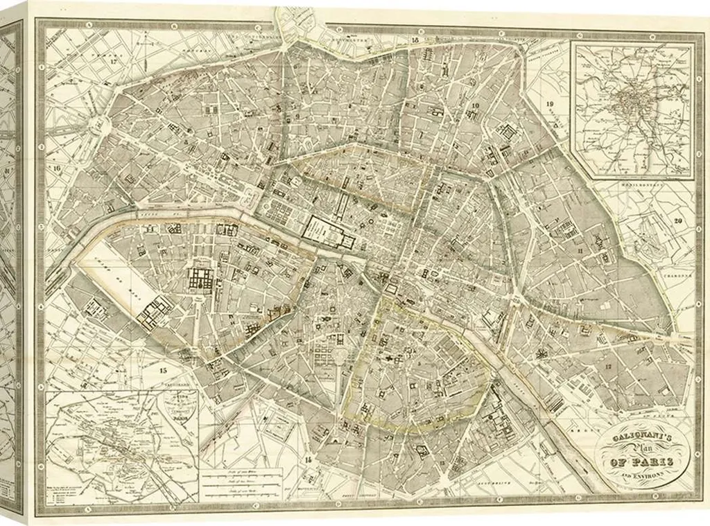 Plan de Paris 1865 Antonio Galignani Toile Vintage Grand Format 100x70 cm