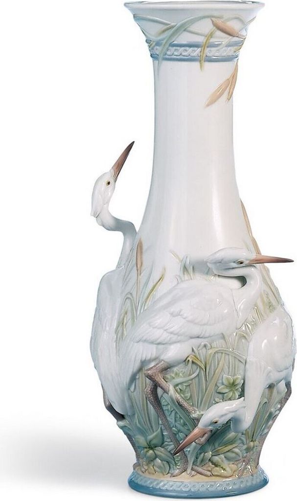 Casa Padrino Luxus Porzellan Vase Störche Weiß / Mehrfarbig Ø 17 x H. 35 cm - Luxus Deko