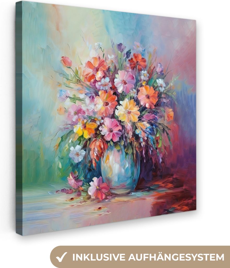 MuchoWow - Leinwandbilder - Blumen - Kunst - Malerei - Frühling - Blumenstrauß, Wandbild, Wanddeko Bilder Wohnzimmer, 50x50 cm