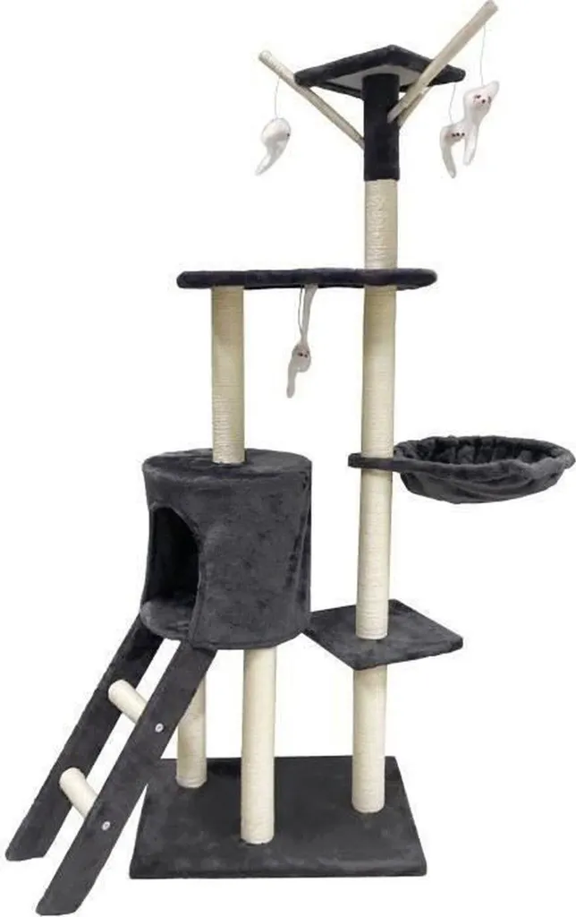 Arbre à chat gris foncé 138cm avec escalier et cachette confortable