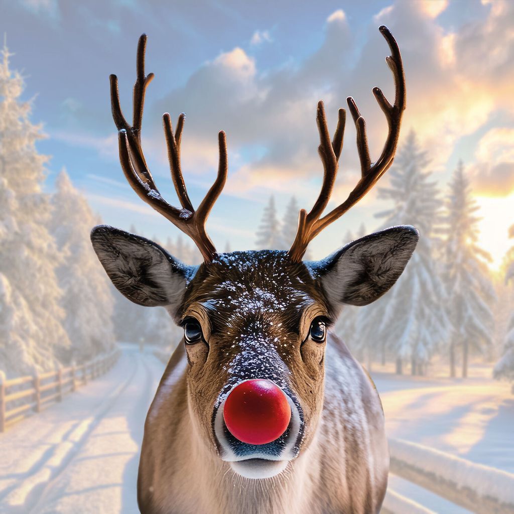 A close-up of a reindeer with a red nose in a snowy forest setting during sunset.