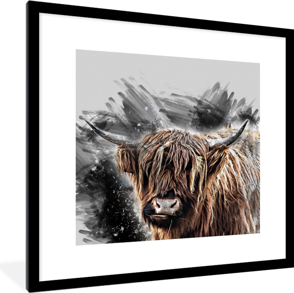 MuchoWow MuchoWow Gerahmtes Poster Porträt Schottisches Hochlandrind - Abstrakt 40x40 cm - Poster mit zchwarzem Bilderrahmen - Poster - Plakat...