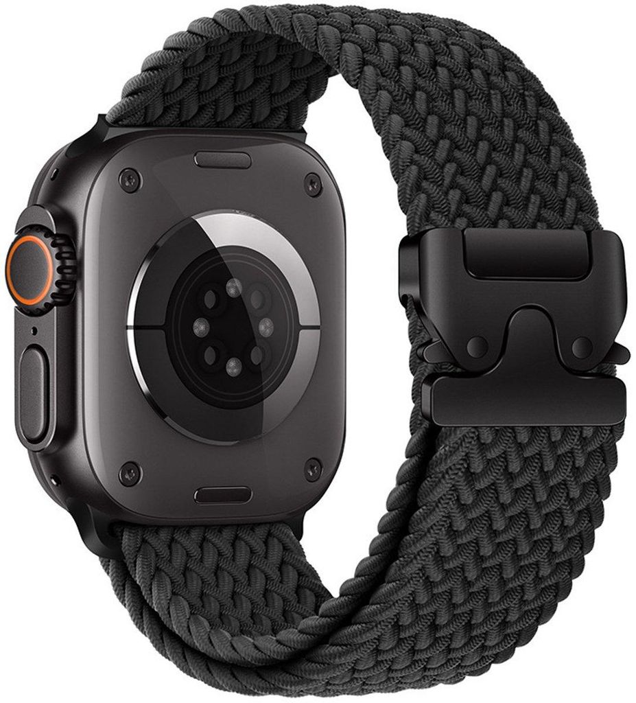 Stravo Elastisches Nylon-Armband – Apple Watch 42/44/45/46/49 mm, Serie 1–11 & Ultra – Atmungsaktiv, Doppelknotenverschluss – Schwarz