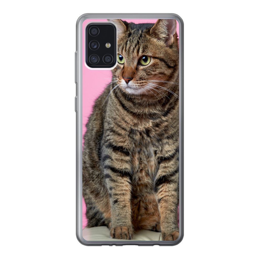MuchoWow Handyhülle Schutzhülle Hülle für Samsung Galaxy A52 5G Katze - Rosa - Pouf - Mädchen - Kinder - Kinder Silikon Softcase Handy Hüll...