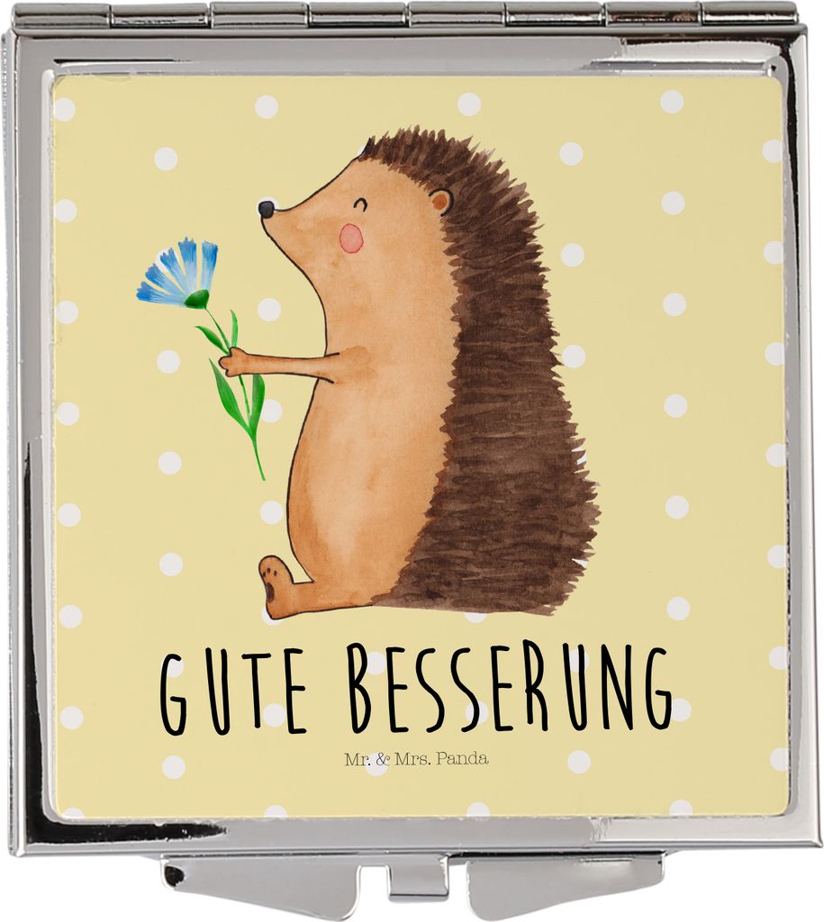 Mr. & Mrs. Panda Schminkspiegel klein Igel Blumen - Gelb Pastell - Geschenk, Kosmetikspiegel, Kleiner Spiegel, Krankheit, krank, Frauen, Lustige Sp...