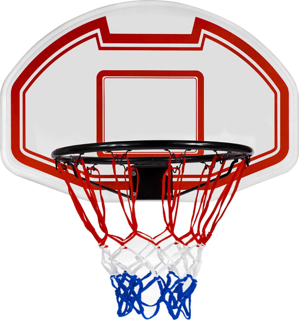 A basketball hoop with a white backboard and a red border, a black rim, and a net with red, white, and blue stripes.