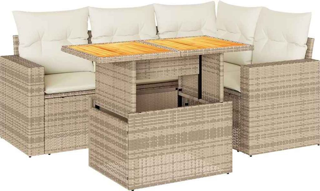vidaXL 5-tlg. Garten-Sofagarnitur mit Kissen Beige Poly Rattan