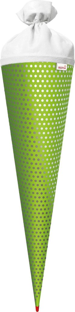 Bastel-Schultüte groß grün - Punkte mit Glanz-Effekt 70 cm - rund Rot(h)-Spitze und Filzverschluss weiss