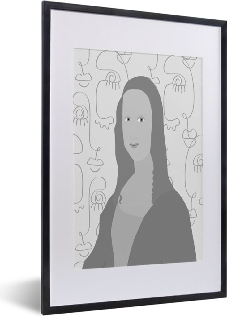 MuchoWow Gerahmtes Poster Mona Lisa - Strichzeichnung - Schwarz - Weiß 40x60 cm - Poster mit Schwarzem Bilderrahmen Wandposter Rahmen Foto Bilde...