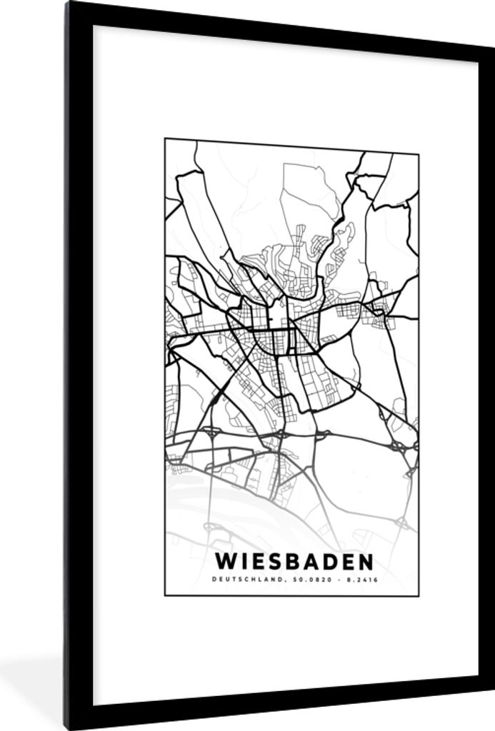 MuchoWow Gerahmtes Poster Stadtplan - Karte - Wiesbaden 60x90 cm - Poster mit Schwarzem Bilderrahmen Wandposter Rahmen Foto Bilder - Dekoration -...