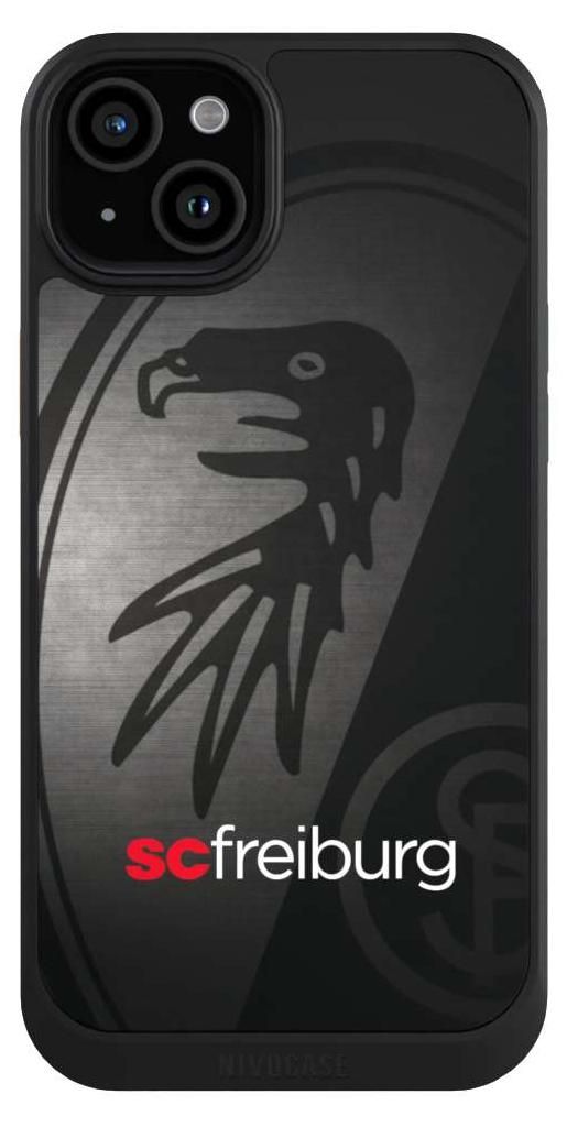 NIVOCASE Hülle für Apple iPhone 15 Plus Handyhülle NIVOcore Case Schwarz Metallic Look Offizielles Lizenzprodukt SC Freiburg