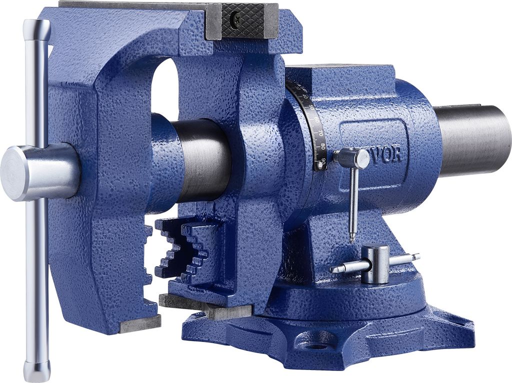 A blue metal vise is shown against a white background.
