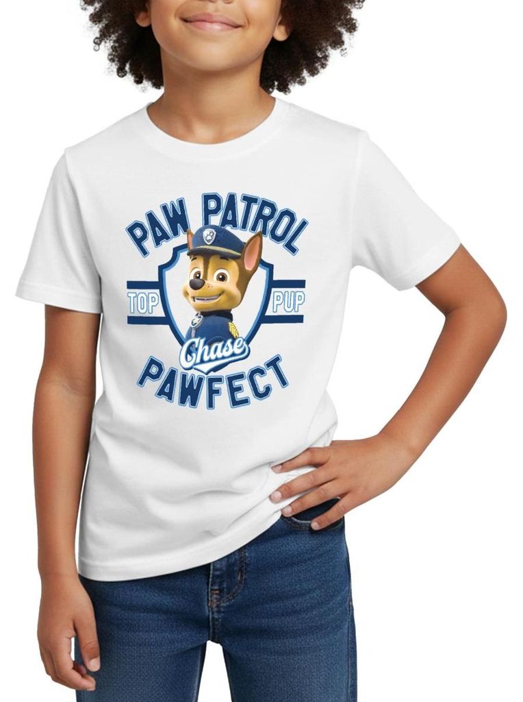 Spreadshirt Paw Patrol Chase Pawfect Kinder T-Shirt, 110/116 (5-6 Jahre), Weiß