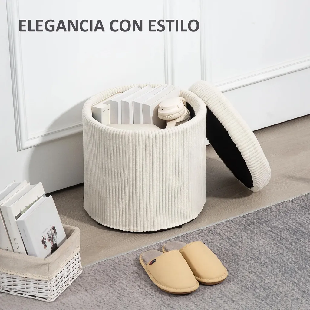 Tabouret de rangement pour chambre et salon en velours côtelé blanc 40cm