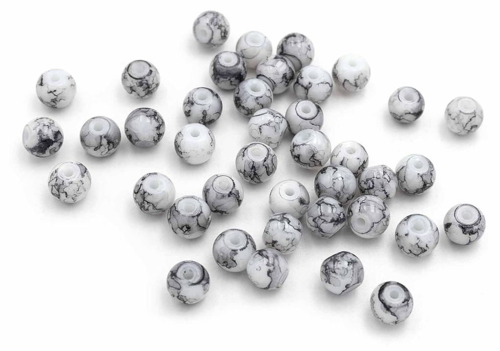Vintageparts Glasperlen marmoriert weiß grau 6 mm, 40 Stück Produktbild 