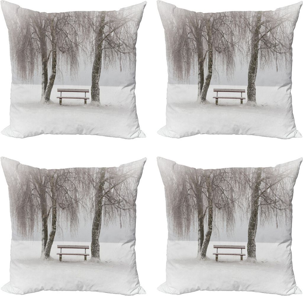 ABAKUHAUS Baum Kissenbezug Set (4 Stück), Bench Bäume Schneeflocken, Moderner Doppelseitiger Digitaldruck, 45 cm x 45 cm, Weiss-braun