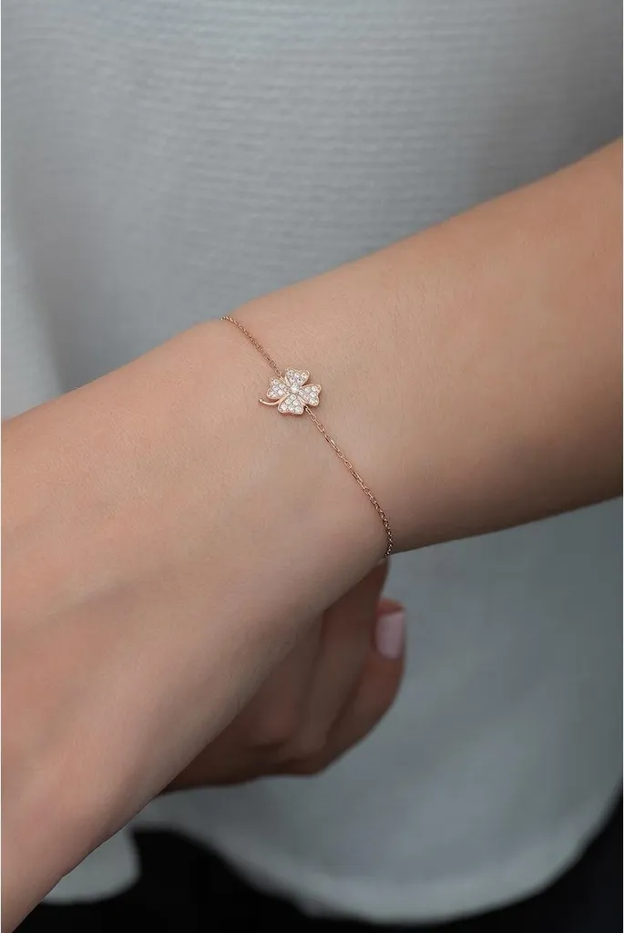 Bracelet trèfle argent 925 rose anti-allergie - Ajustable pour femme