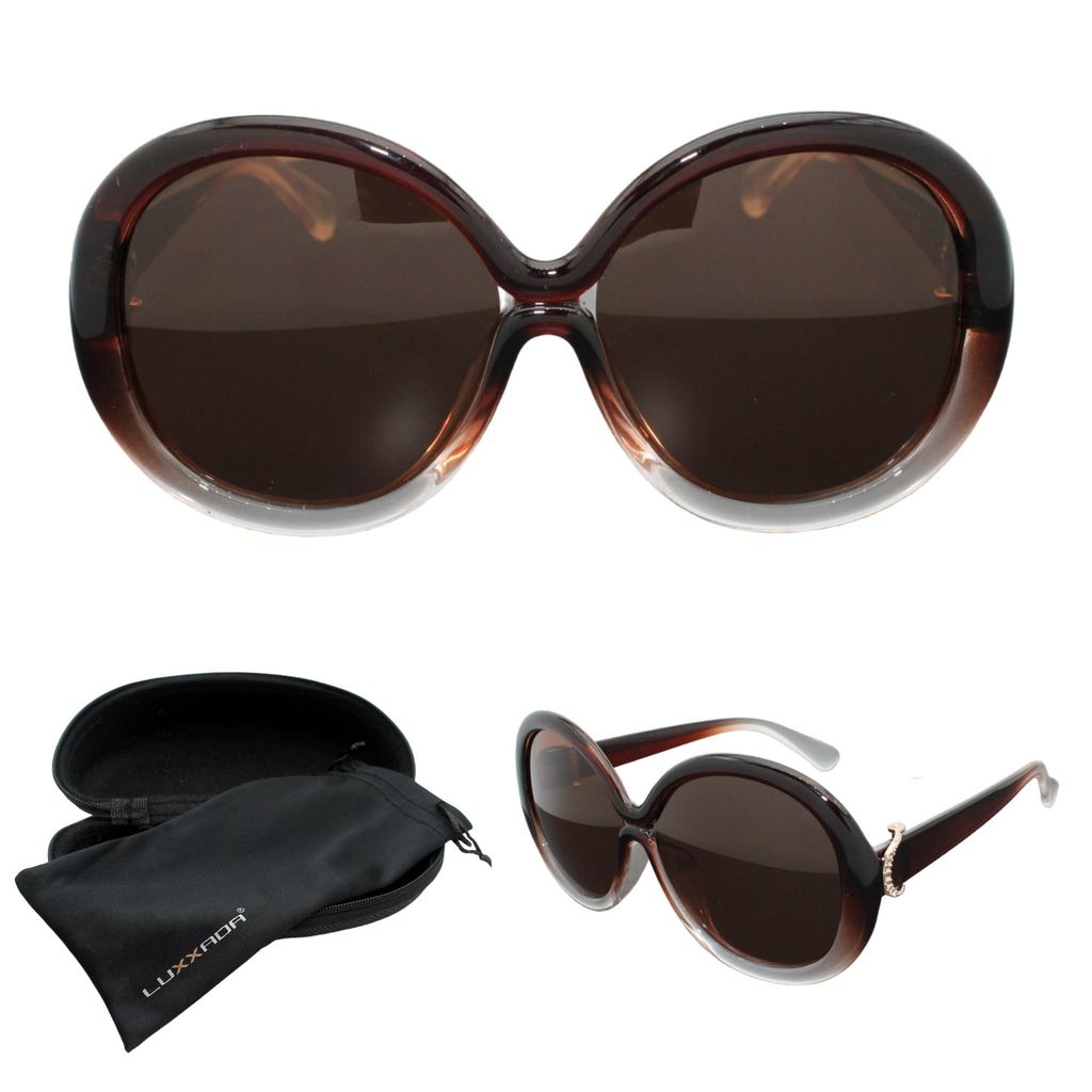 Damen Sonnenbrille Oversize Polarisiert Braun Getönt Runde Vintage Retro Brille Große Gläser Festivalbrille Luxxada