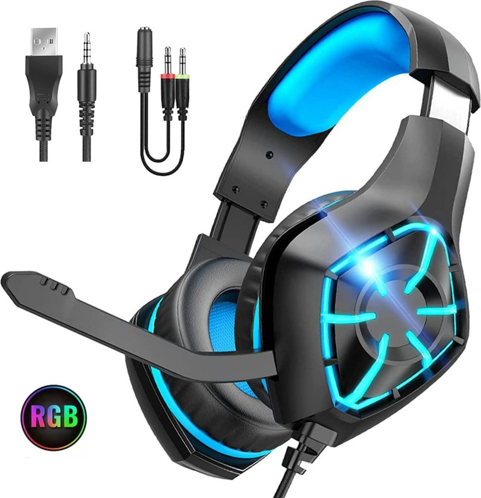 7MAGIC Gaming Headset für PS4 PS5 3D Surround Sound Noise Cancelling Kopfhörer Mit Mikrofon Für PC Xbox One Switch with LED Licht, Schwarz