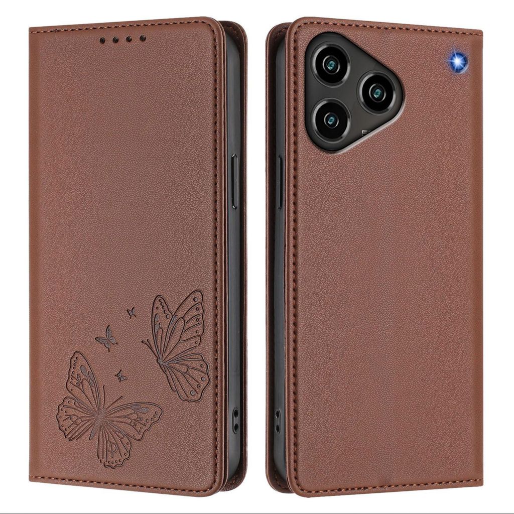 Lederhülle für ZTE Blade A76 4G, Schmetterling Prägung Leder Brieftasche Schutzhülle mit Ständer Braun