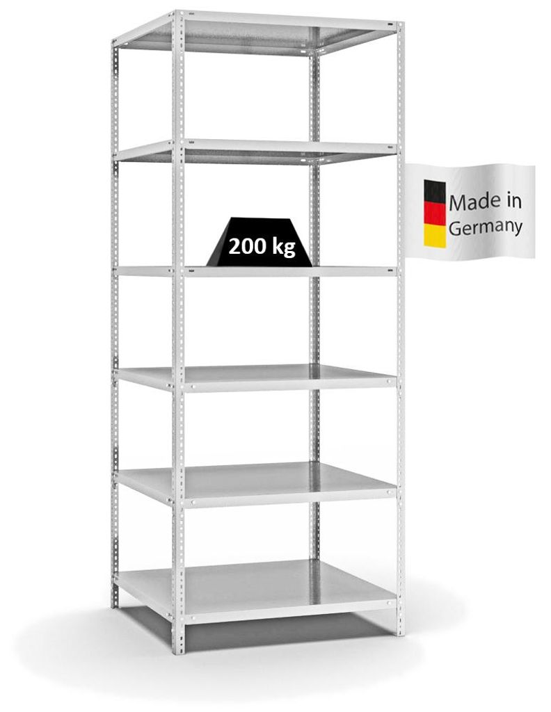 PROREGAL Fachbodenregal Schraubsystem MAGNUS Germany | HxBxT 250x100x80cm | 6 Ebenen | Fachlast 200 kg | Beidseitig nutzbar | Lichtgrau