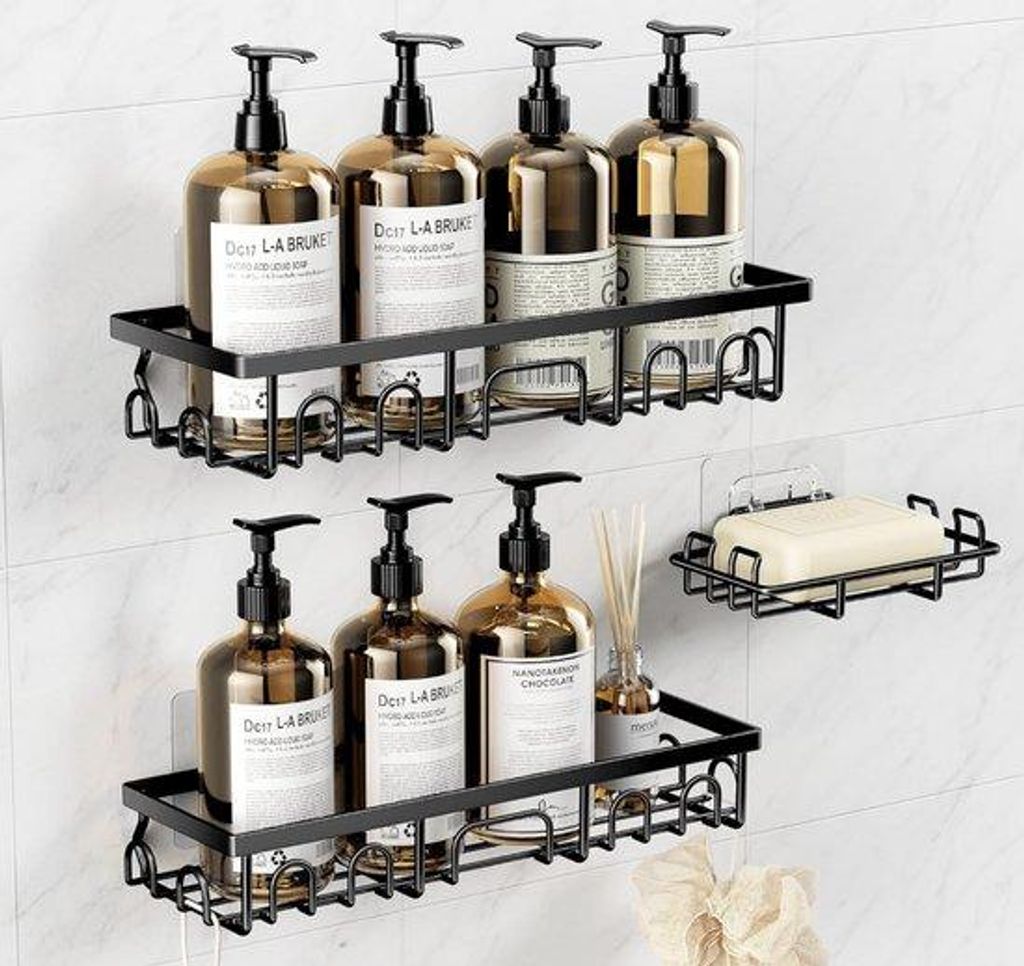 Dusche-Organizer mit 3 rostfreien Platten – Schnell trocknende Duscharmatur mit Seifen- und Zahnbürstenhalter