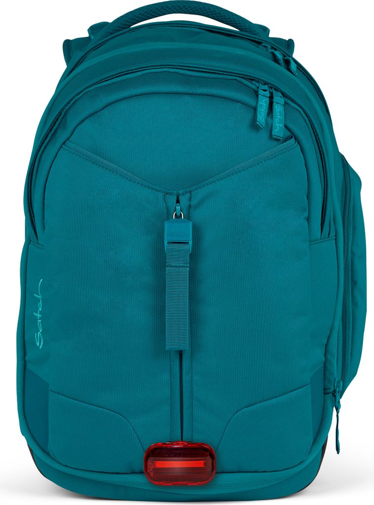 A teal satch backpack is shown from the front against a white background.