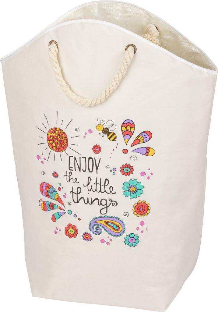 WENKO Wäschesammler Mod. Rollin' Art Little Things mit 58 L Fassungsvermögen cremefarbener Wäschekorb farbenfrohes Motiv mit zwei Griffen Polyes...