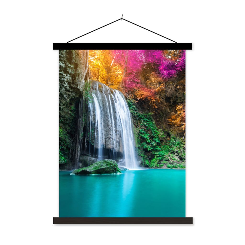 MuchoWow Textilposter Wasserfall - Bäume - Rosa - Braun - Natur 90x120 cm mit schwarzem Rahmen - Dekoration