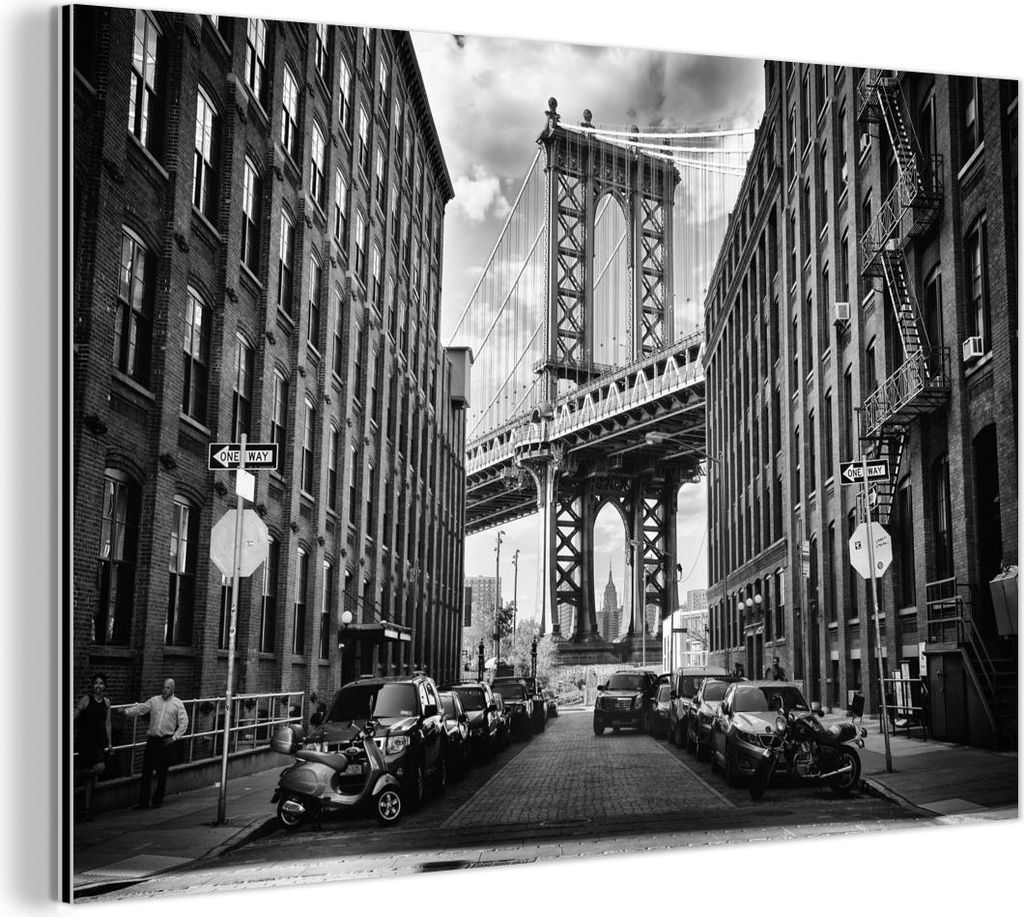 MuchoWow Wanddekoration Metall Metallbild Wandkunst 60x40 cm Straße - Brücke - Amerika - Schwarz und weiß MuchoWow Aluminium Gemälde - Gemälder