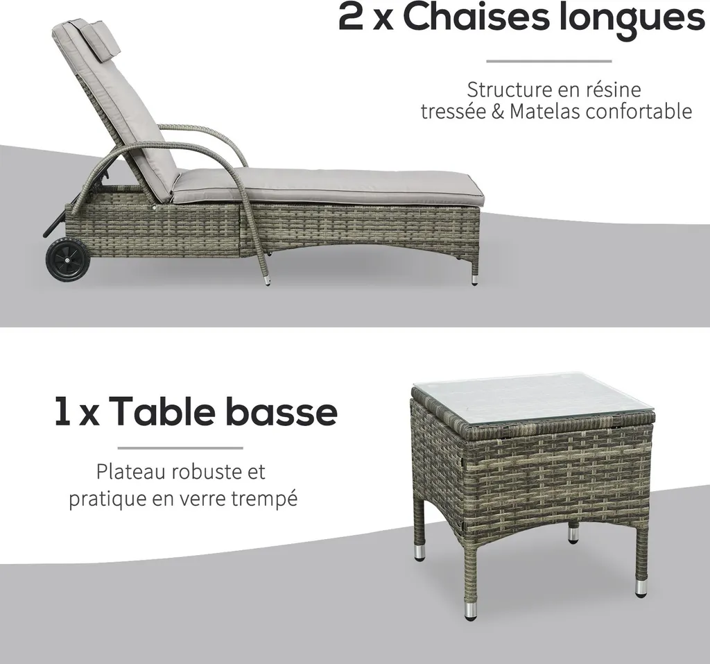 Ensemble Détente Terrasse : 2 Transats Confortables et Table Basse