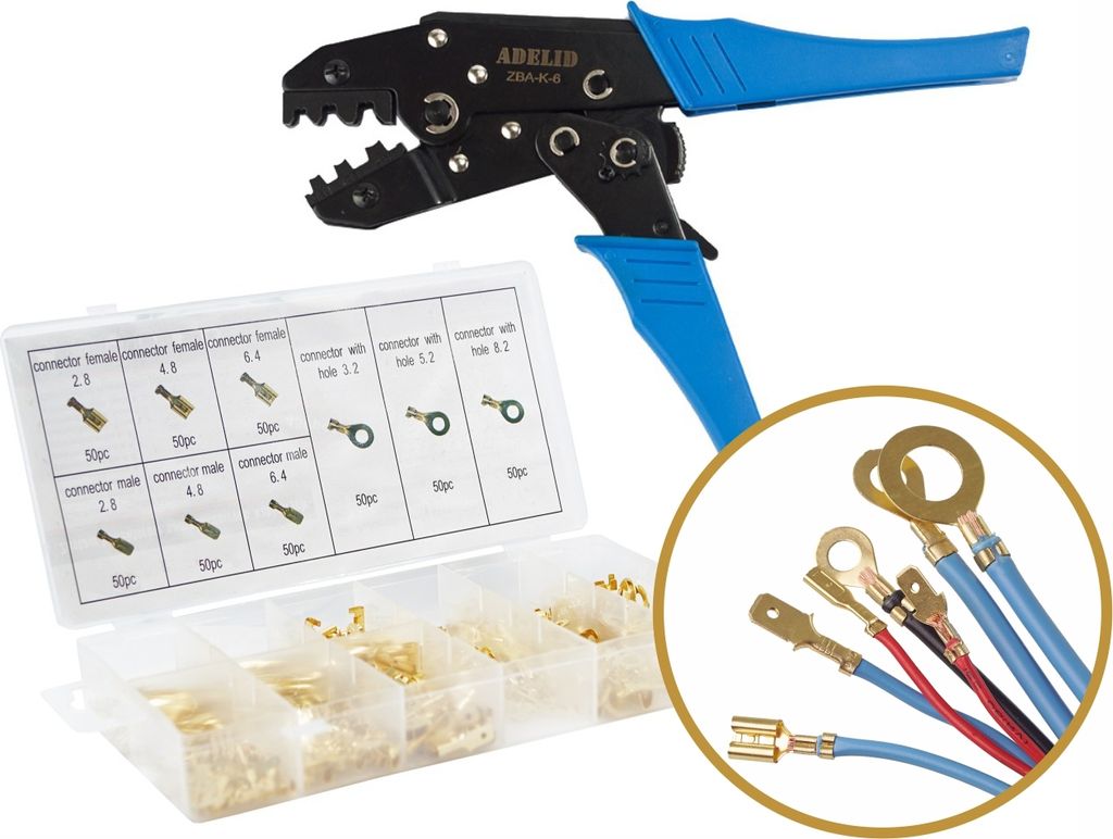 Crimpzange Presszange 0,5 - 6mm² mit KFZ Kabelschuhe Sortiment Steckverbinder Flachstecker Box unisoliert 450 Stück