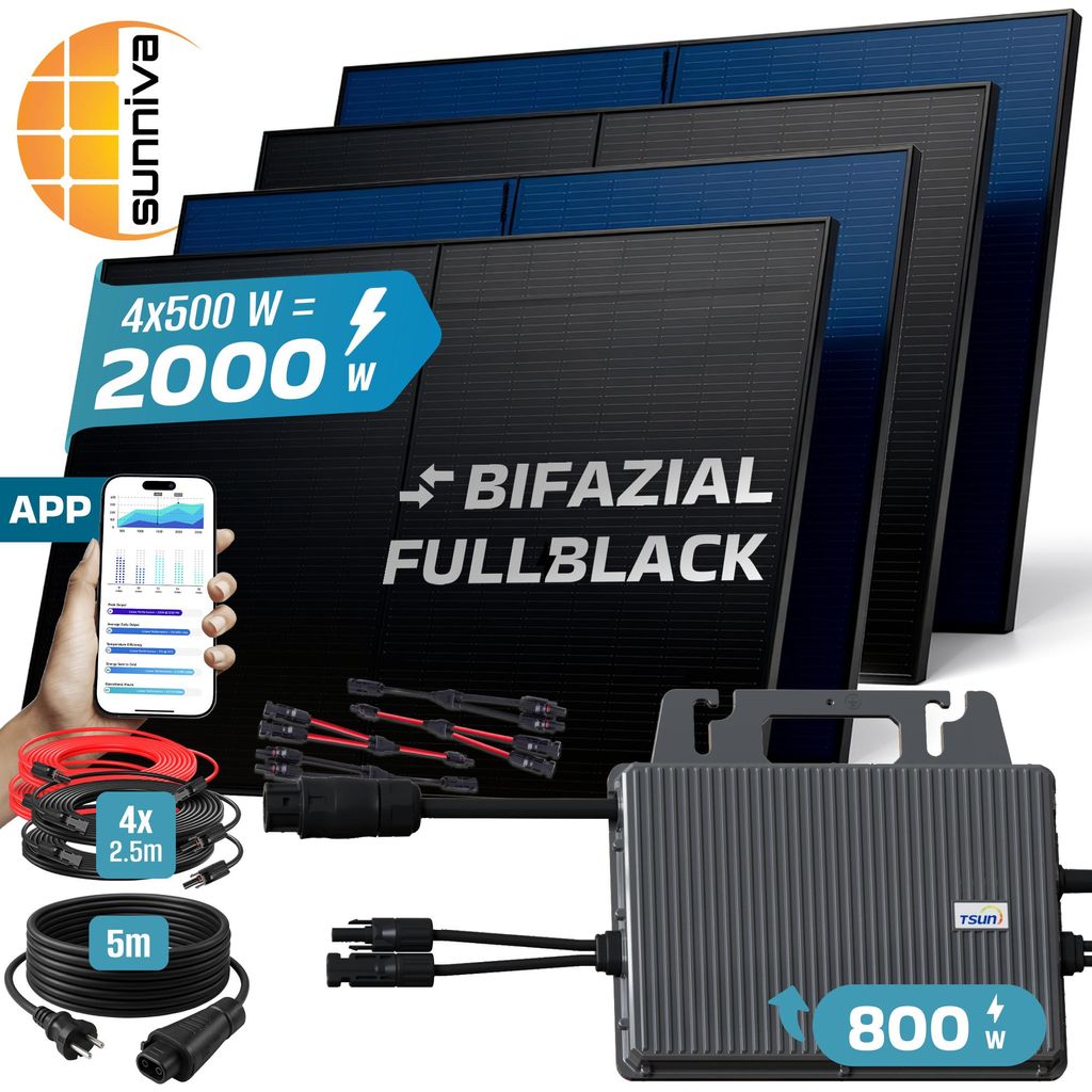 SUNNIVA® 2000W Balkonkraftwerk BIFAZIAL FULLBLACK komplett Produktbild 