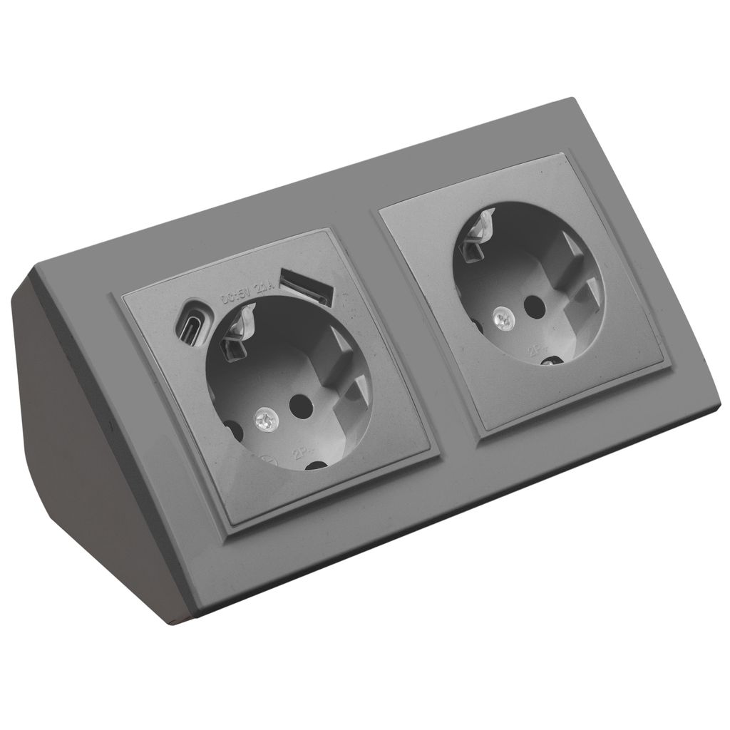 Ecksteckdose Steckdose und Steckdose mit USB-C Steckdosenblock 45° Verteilerdose silber.