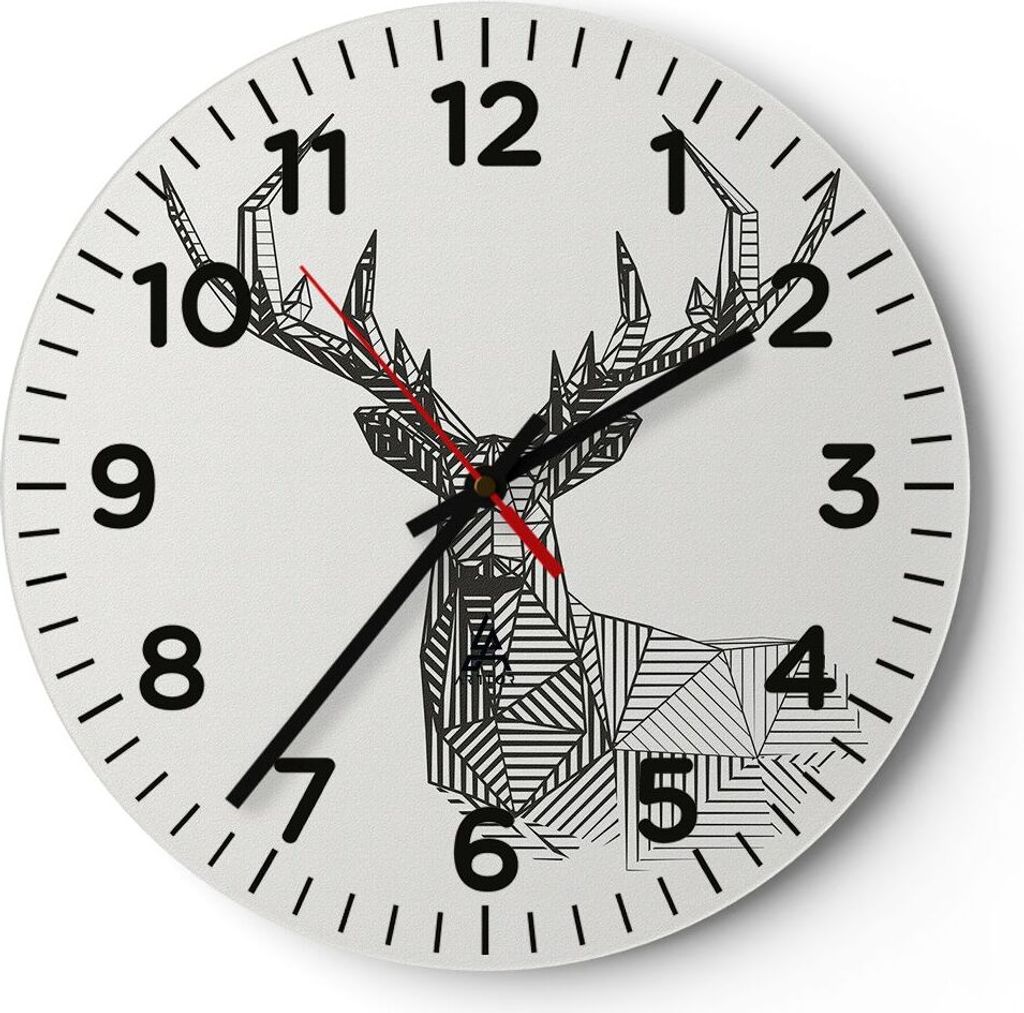 Wanduhr - Rund - Glasuhr - Hirsch Skizze Skandinavisch - 40x40cm - Schleichendes Uhrwerk - Lautlos - zum Aufhängen bereit - Dekoration Modern - Wa...