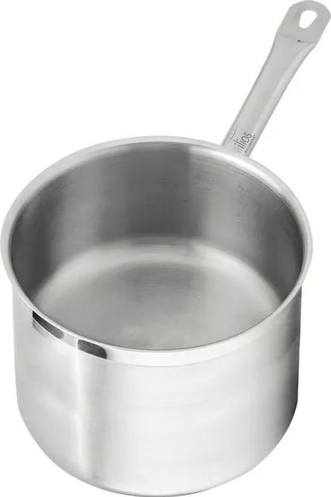 A stainless steel saucepan with a handle, shown from a slightly elevated side angle against a white background.