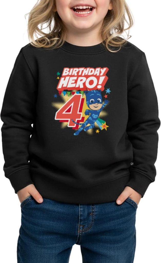 Spreadshirt PJ Masks Catboy Birthday Hero 4. Geburtstag Kinder/Teenager Premium Pullover, 146/152 (10 Jahre), Schwarz