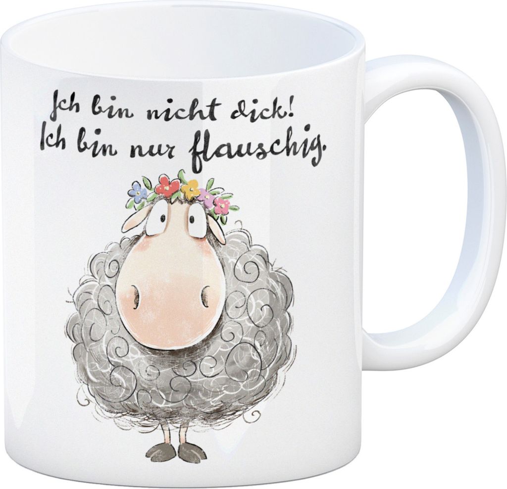 Schaf Kaffeebecher mit Spruch Nicht dick sondern flauschig