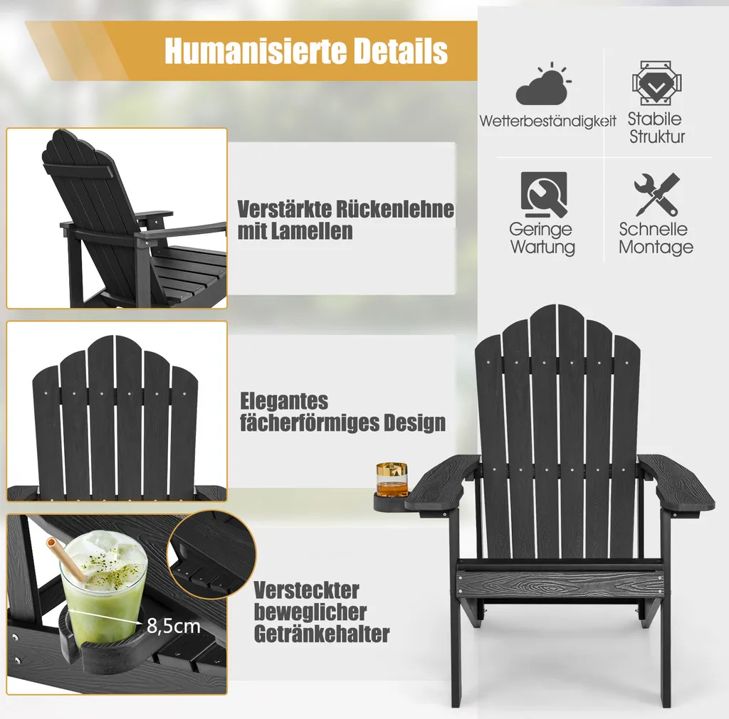 Fauteuil de Jardin Adirondack en Plastique Noir Résistant - Chaise d'Extérieur