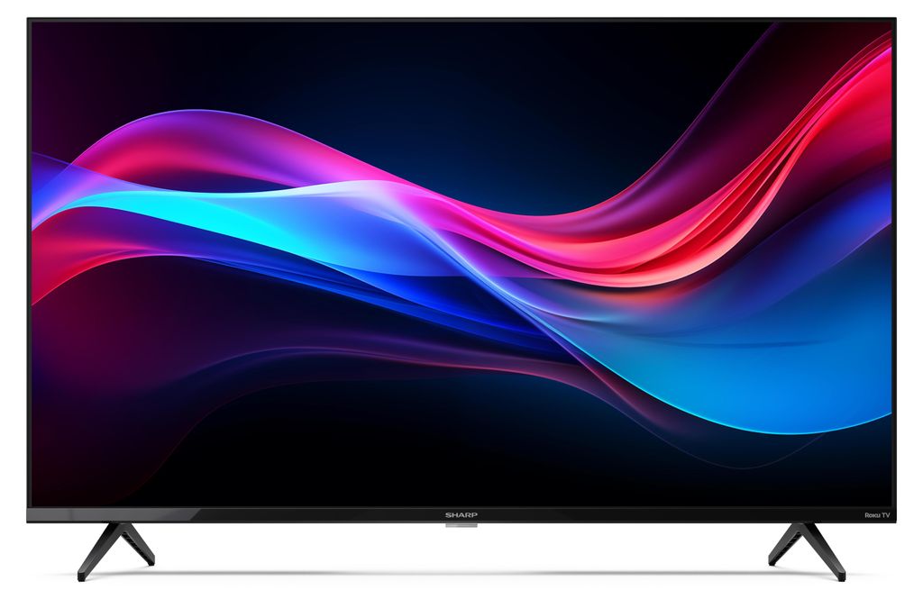A flat-screen television with a colorful abstract image displayed on its screen, set against a black background.